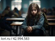 Disheartened Sad child at school. Generate Ai. Стоковое AI-изображение, AI-художник Иван Рябоконь / Фотобанк Лори
