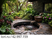 Splashy Outdoor fountain waterfall. Generate Ai. Стоковое AI-изображение, AI-художник Иван Рябоконь / Фотобанк Лори