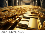 Unending Piles gold bar conveyor debt. Generate Ai. Стоковое AI-изображение, AI-художник Иван Рябоконь / Фотобанк Лори