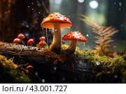 Peculiar Mushroom rain log. Generate Ai. Стоковое AI-изображение, AI-художник Иван Рябоконь / Фотобанк Лори