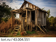 Quaint Shack wooden old pallets green grass. Generate Ai. Стоковое AI-изображение, AI-художник Иван Рябоконь / Фотобанк Лори