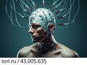 Sophisticated Man with brain electrodes futuristic helmet. Generate ai. Стоковое AI-изображение, AI-художник Иван Рябоконь / Фотобанк Лори