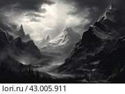 Tranquil Monochrome art of moon in mountain hills. Generate ai. Стоковое AI-изображение, AI-художник Иван Рябоконь / Фотобанк Лори