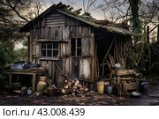 Weathered Shack wooden old pallets. Generate Ai. Стоковое AI-изображение, AI-художник Иван Рябоконь / Фотобанк Лори