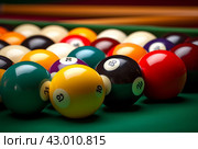 Polished Many colorful billiard balls and cue. Generate Ai. Стоковое AI-изображение, AI-художник Иван Рябоконь / Фотобанк Лори