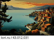 Tranquil Retro italian landscape view. Generate Ai. Стоковое AI-изображение, AI-художник Иван Рябоконь / Фотобанк Лори