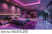 Bedroom With Purple Bed and Large Window. Стоковое AI-изображение, AI-художник Юлия Гапеенко / Фотобанк Лори