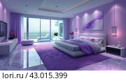 Bedroom With Purple Bed and Large Window. Стоковое AI-изображение, AI-художник Юлия Гапеенко / Фотобанк Лори