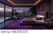 Bedroom With Purple Bed and Large Window. Стоковое AI-изображение, AI-художник Юлия Гапеенко / Фотобанк Лори