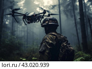Stealthy Soldier drone forest cyber. Generate Ai. Стоковое AI-изображение, AI-художник Иван Рябоконь / Фотобанк Лори
