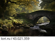 Moss-covered Stone bridge scene in forest. Generate ai. Стоковое AI-изображение, AI-художник Иван Рябоконь / Фотобанк Лори