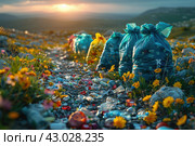 Plastic Bags With Garbage. Piles of garbage in the forest, random dumping in nature. Stink heap, plastic bag and bottles, rubbish in polluted green grass of nature landscape background human pollution. Стоковое AI-изображение, AI-художник Ирина Михайличенко / Фотобанк Лори