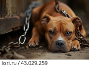 Neglected Abused dog locked in chains. Generate ai. Стоковое AI-изображение, AI-художник Иван Рябоконь / Фотобанк Лори