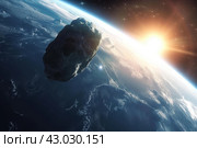 Cataclysmic Asteroid earth collision. Generate Ai. Стоковое AI-изображение, AI-художник Иван Рябоконь / Фотобанк Лори