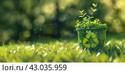 Green Plant growing in a pot with recycle symbol icon, eco sign. Bokeh blur natural background. Copy space for text. Saving the Earth, Earth Day, environmental sustainability. Reforestation. Стоковое AI-изображение, AI-художник Марина Демидюк / Фотобанк Лори