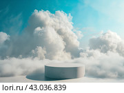 Каменный подиум для демонстрации продукции в окружении облаков и неба. Фон для брендинга, айдентики и упаковки косметической продукции. Макет размещения товара на дизайнерском фоне. Стоковое AI-изображение, AI-художник Екатерина Абрамова / Фотобанк Лори