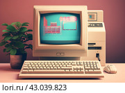 Vintage 1980s personal desktop computer with screen and keyboard,  generated by AI. 3D illustration. Стоковое AI-изображение, AI-художник Виталий Сова / Фотобанк Лори