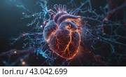 human heart with light grids symbolizing the complexity of cardiovascular health, nerve connections, impulses and nerve endings on a dark background. Стоковое AI-видео, аниматор Александр Довянский / Фотобанк Лори