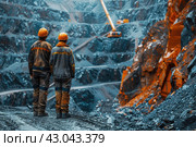 Team of industrial workers inspect sand quarry and check Industry machine for stone crusher, belt conveyor on open pit mine. Стоковое AI-изображение, AI-художник Ирина Михайличенко / Фотобанк Лори
