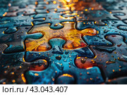 Digital transformation concept with jigsaw puzzle. The Cybersecurity Puzzle: Putting the Pieces Together for Maximum Protection. Стоковое AI-изображение, AI-художник Ирина Михайличенко / Фотобанк Лори