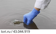 Работник биолаборатории берет пробы речной воды для анализа, наливает воду в пробирку, концепция на тему чистой окружающей среды. Стоковое видео, видеограф Сергей Чайко / Фотобанк Лори