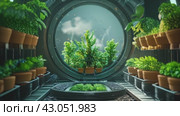 Hydroponics Lab room on spacecraft with circle podium empty, seamless loop. Стоковое AI-видео, аниматор Ирина Михайличенко / Фотобанк Лори