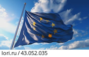 European Union flag on blue sky background. Стоковое AI-видео, аниматор Ирина Михайличенко / Фотобанк Лори