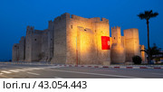 Ribat in Monastir in night illumination, Tunisia. Islamic defensive structure. It is oldest ribat built by Arab conquerors during Muslim conquest of Maghreb. Стоковое фото, фотограф Яков Филимонов / Фотобанк Лори
