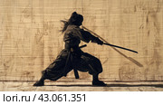 A mysterious ninja with a painted katana stands in front of a wall of rice paper, symbolizing the art of stealth and craftsmanship. Стоковое AI-изображение, AI-художник Юрий Поздников / Фотобанк Лори