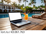 Laptop with a blank white screen on table in tropical hotel with palm trees on swimming pool on trip. Remote work on vacation and travel, home office, internet, tours, resort. AI generated. Стоковое AI-изображение, AI-художник Ольга Симонова / Фотобанк Лори