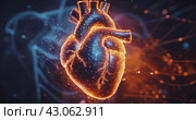 human heart with light grids symbolizing the complexity of cardiovascular health, nerve connections, impulses and nerve endings on a dark background. Стоковое AI-видео, аниматор Александр Довянский / Фотобанк Лори