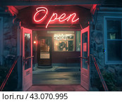 Welcoming Open Sign at Dusk. Стоковое AI-изображение, AI-художник Кирилл Черезов / Фотобанк Лори