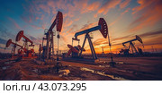 Panorama with oil pumps on the background of a red sunset. The concept of energy. Стоковое AI-изображение, AI-художник Ярославский Максим / Фотобанк Лори