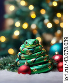 Cute green snake, symbol of 2025 according to the eastern calendar. The snake symbolizes wisdom, vitality, immortality, and healing powers. New Year card. Стоковое AI-изображение, AI-художник Сергей Елизарьев / Фотобанк Лори