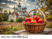 The concept of the Russian Orthodox holiday yablochny spas. A beautiful wicker basket made of vines with red ripe apples on the background of an Orthodox church. Стоковое AI-изображение, AI-художник Photojuli / Фотобанк Лори