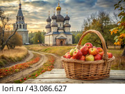 The concept of the Russian Orthodox holiday yablochny spas. A beautiful wicker basket made of vines with red ripe apples on the background of an Orthodox church. Стоковое AI-изображение, AI-художник Photojuli / Фотобанк Лори