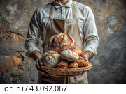Fresh delicious bread in the hands of a male baker in close-up. Freshly baked sourdough bread with a golden crust on a wooden board. The context of a bakery with delicious bread. Confectionery products. Стоковое AI-изображение, AI-художник Photojuli / Фотобанк Лори