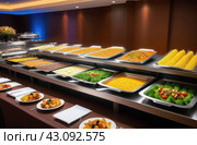 Buffet at the hotel. Various dishes in trays on shelves in the dining room. Meals boarding house. С помощью ИИ. Стоковое AI-изображение, AI-художник Коханова Наталья / Фотобанк Лори