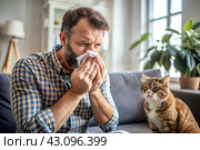A man sneezes into a white napkin at home. Allergies to cats and pet hair. There's a cat sitting next to me. Стоковое AI-изображение, AI-художник Photojuli / Фотобанк Лори