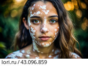 Leukoderma. Vitiligo. Violation of skin pigmentation. Large white spots all over the body and face. Portrait of a beautiful girl with a skin disease. Стоковое AI-изображение, AI-художник Photojuli / Фотобанк Лори