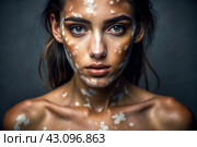Leukoderma. Vitiligo. Violation of skin pigmentation. Large white spots all over the body and face. Portrait of a beautiful girl with a skin disease. Стоковое AI-изображение, AI-художник Photojuli / Фотобанк Лори