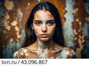 Leukoderma. Vitiligo. Violation of skin pigmentation. Large white spots all over the body and face. Portrait of a beautiful girl with a skin disease. Стоковое AI-изображение, AI-художник Photojuli / Фотобанк Лори