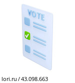 3D cartoon voting ballot with check boxes and tick isolated on white background. Design element for election campaign. Democratic process of voting in an election. Vector illustration of 3d render. Стоковая иллюстрация, иллюстратор Валентина Калашникова / Фотобанк Лори