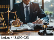 Businessman in suit or lawyer working on documents Law, advice and justice with copy space for text. Стоковое AI-изображение, AI-художник Mihail Mihaylov / Фотобанк Лори