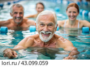 An elderly man swims and does water aerobics in a heated pool, a happy and smiling pensioner. Recreational water sports. Стоковое AI-изображение, AI-художник Photojuli / Фотобанк Лори