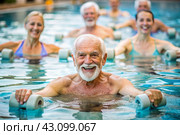 An elderly man swims and does water aerobics in a heated pool, a happy and smiling pensioner. Recreational water sports. Стоковое AI-изображение, AI-художник Photojuli / Фотобанк Лори