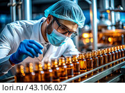 Production of medicines. A pharmacist checks medical vials on an automatic conveyor of a pharmaceutical factory production line using artificial intelligence. Стоковое AI-изображение, AI-художник Photojuli / Фотобанк Лори
