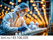 Production of medicines. A pharmacist checks medical vials on an automatic conveyor of a pharmaceutical factory production line using artificial intelligence. Стоковое AI-изображение, AI-художник Photojuli / Фотобанк Лори