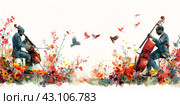 Musicians with cellos integrated into a colorful floral scene, symbolizing creativity and harmony. Стоковое AI-изображение, AI-художник Мария Фадеева / Фотобанк Лори