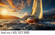 Sailboat Sailing on a Body of Water. Стоковое AI-изображение, AI-художник Юлия Гапеенко / Фотобанк Лори